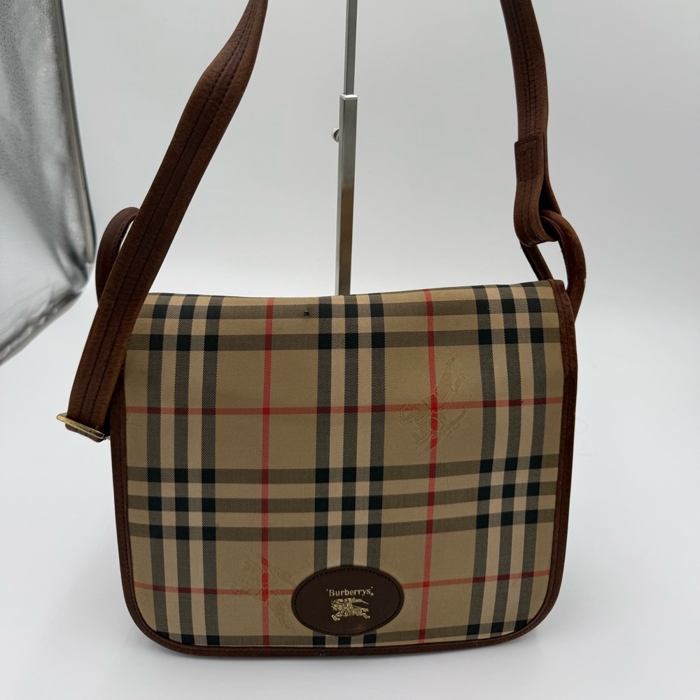 Burberry Vintage Brown Leather Logo Nova Check Shoulder Bag